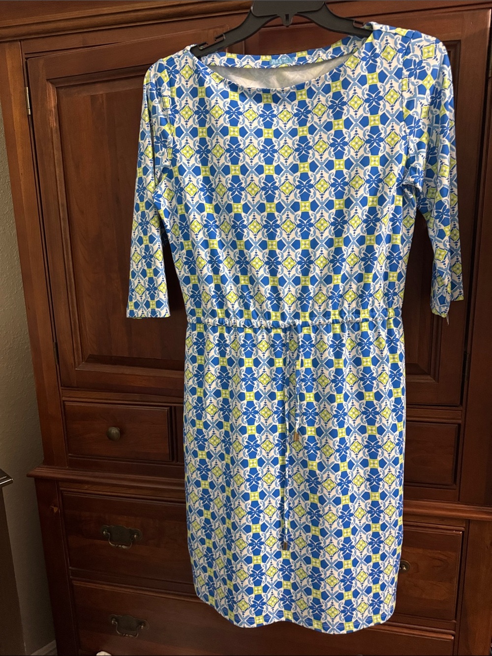 Blue and White Printed Midi Dress with Yellow Accents